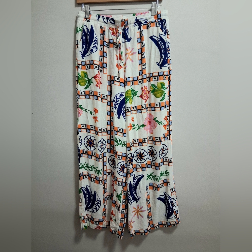 Label of Love Anthropologie Linen Blend Wide Leg Tropical Pants Size Large